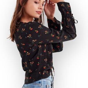 Urban Outfitters Floral Cinched Blouse Size Small Black Ruched V Neck